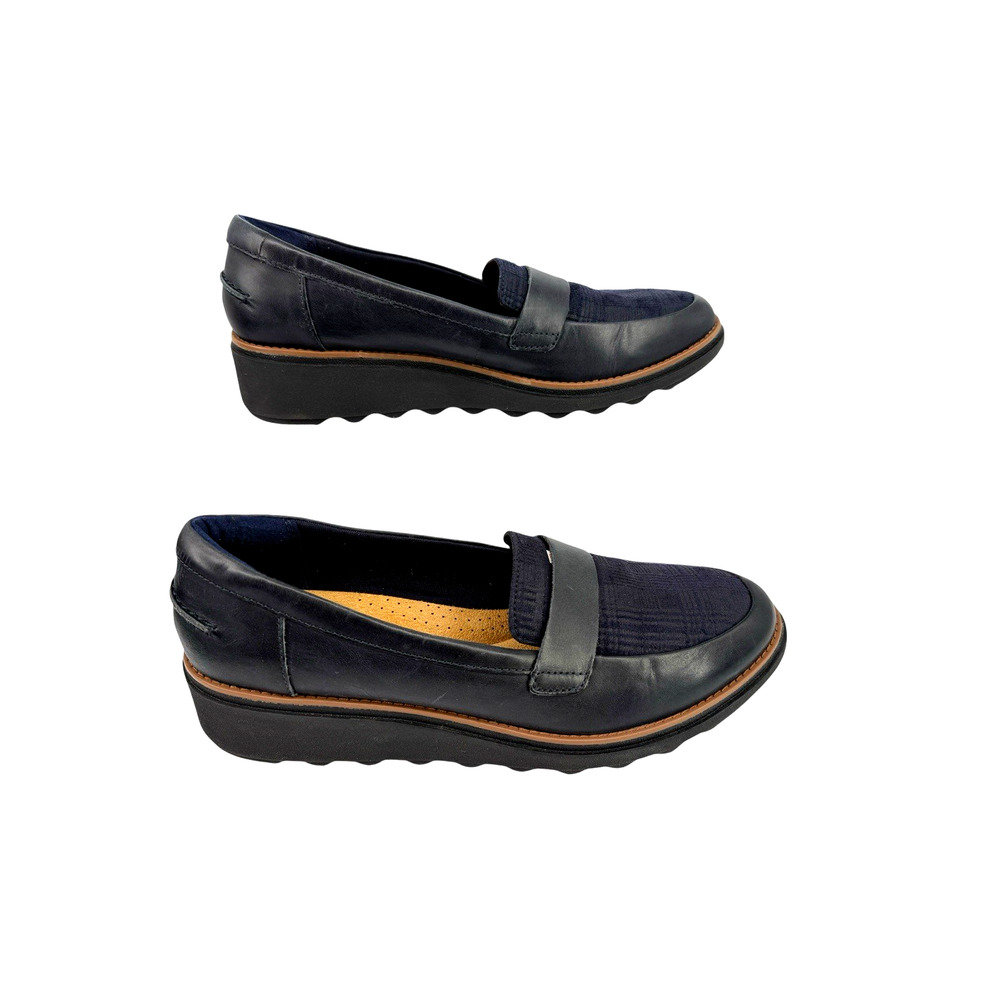 Clarks Sharon Gracie Slip-On Women's 10M  Loafer Shoes Navy Leather Plaid Wedge